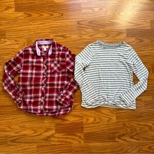 2 Pc Bundle Cat & Jack Girls Medium 7/8 Long Sleeve Shirts Plaid Flannel Stripe